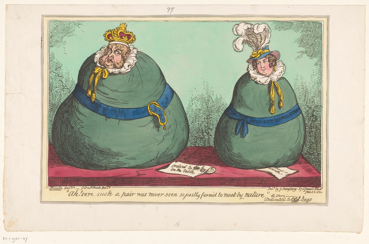 Spotprent op konung George IV och koningin Caroline, 1820 Ah! Visst har ett sådant par aldrig setts så rättvist för att mötas av naturen (titel på objekt) av George Cruikshank