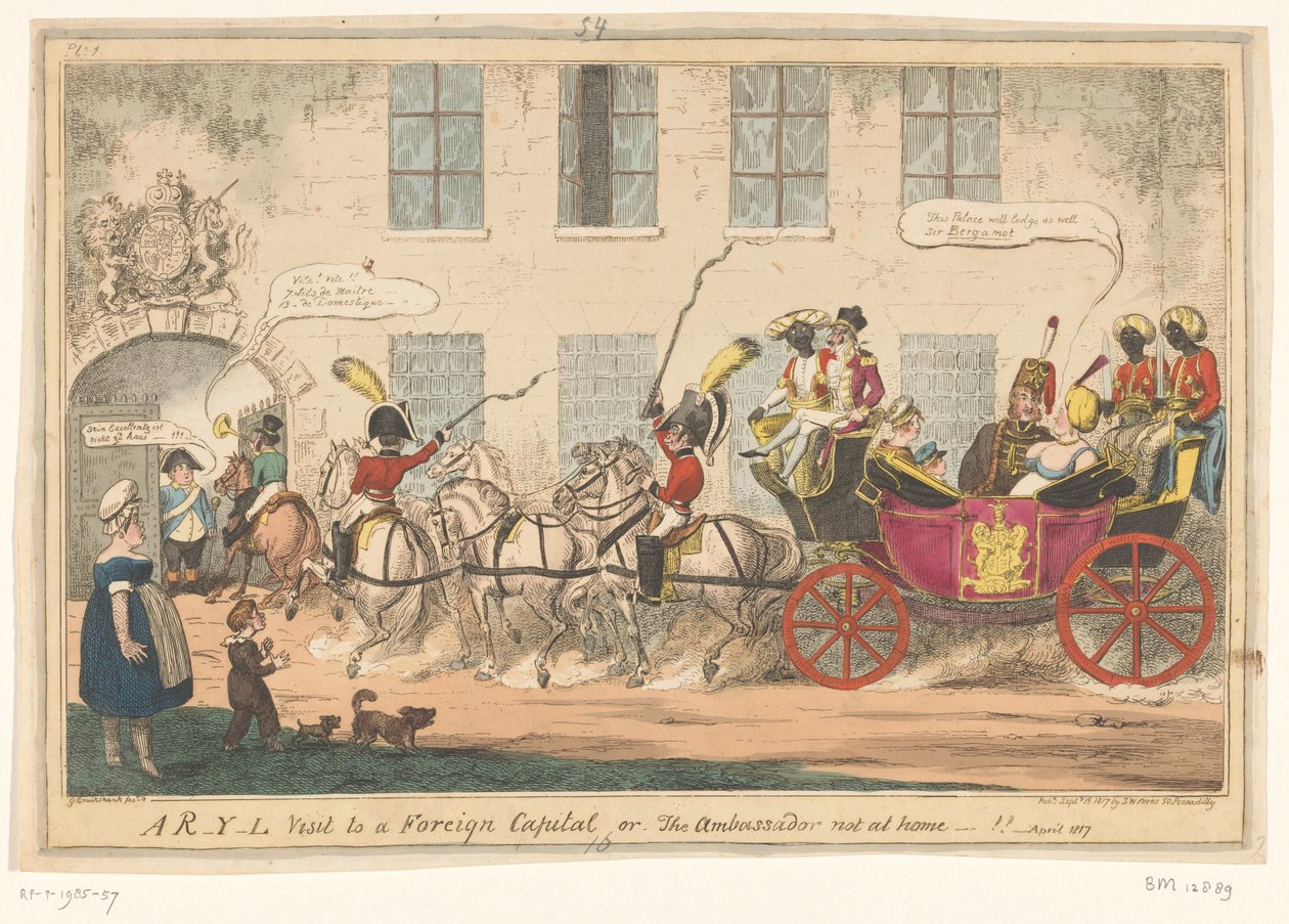 Spotprent på prinses Caroline, 1817 Ett R-Y-L besök i en utländsk huvudstad eller, ambassadören inte hemma-!! (titel på objekt) av George Cruikshank