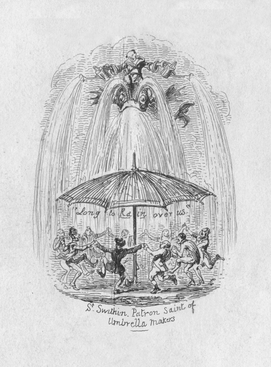 St. Swithin skyddshelgon för paraplymakarna, 1829 av George Cruikshank