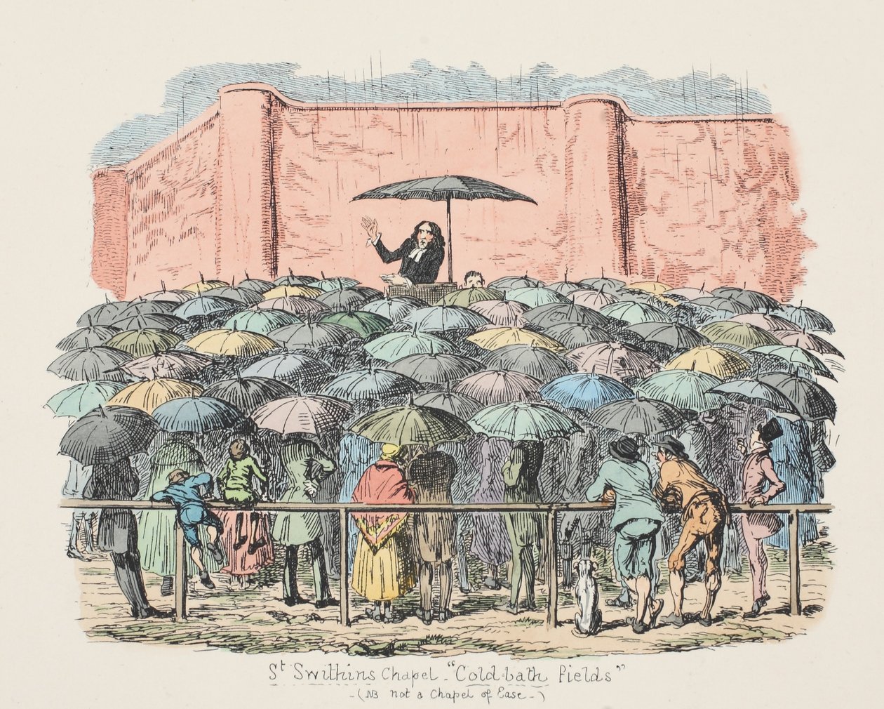 St Swithuns Chapel Kallbadfält, pub. 1833 (handfärgad gravyr) av George Cruikshank