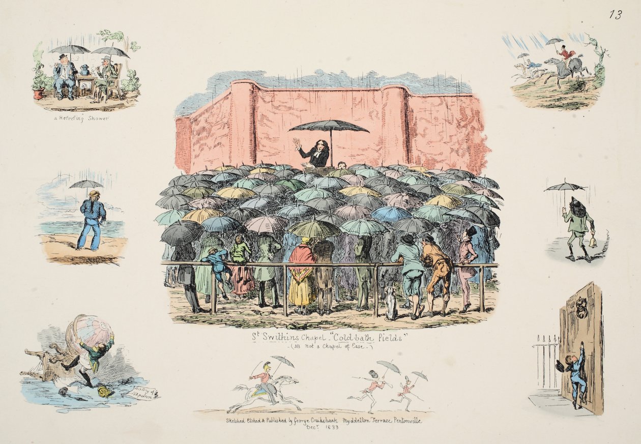 St Swithuns Chapel Kallbadfält, pub. 1833 (handfärgad gravyr) av George Cruikshank