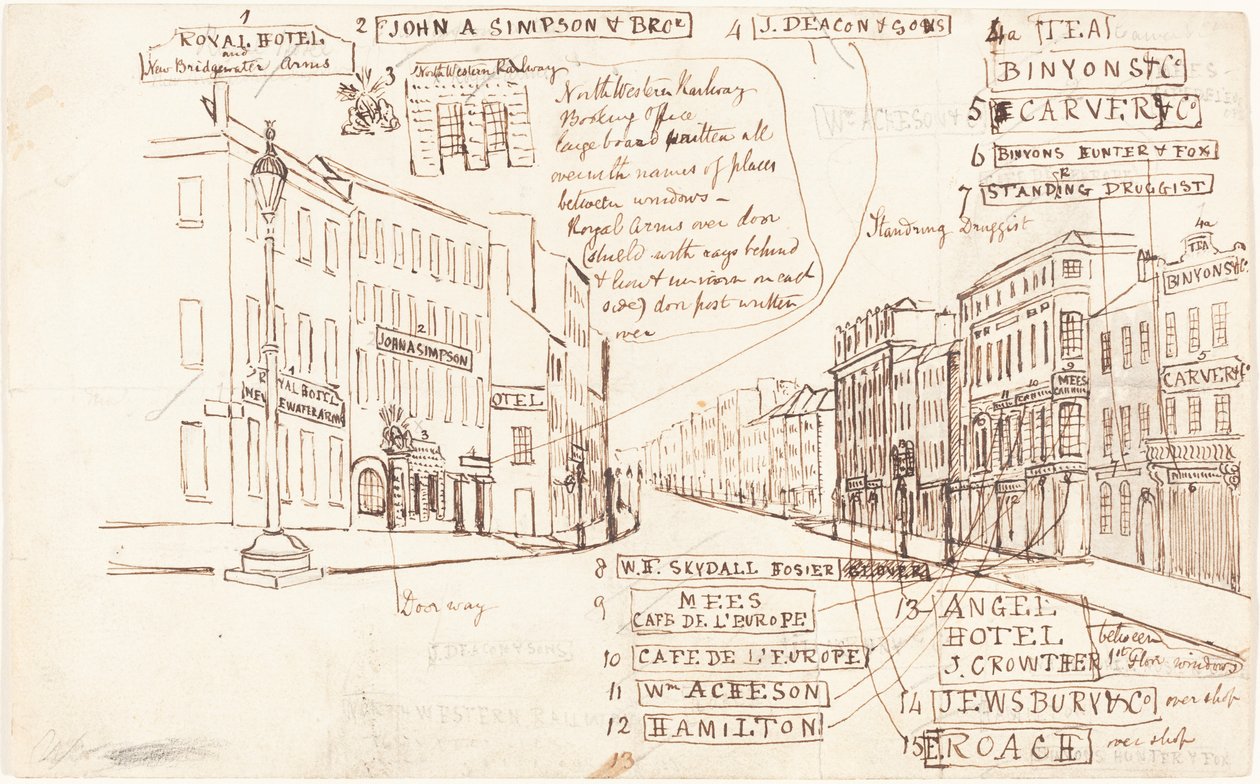 Gatuperspektiv med företagsplatser märkta av George Cruikshank