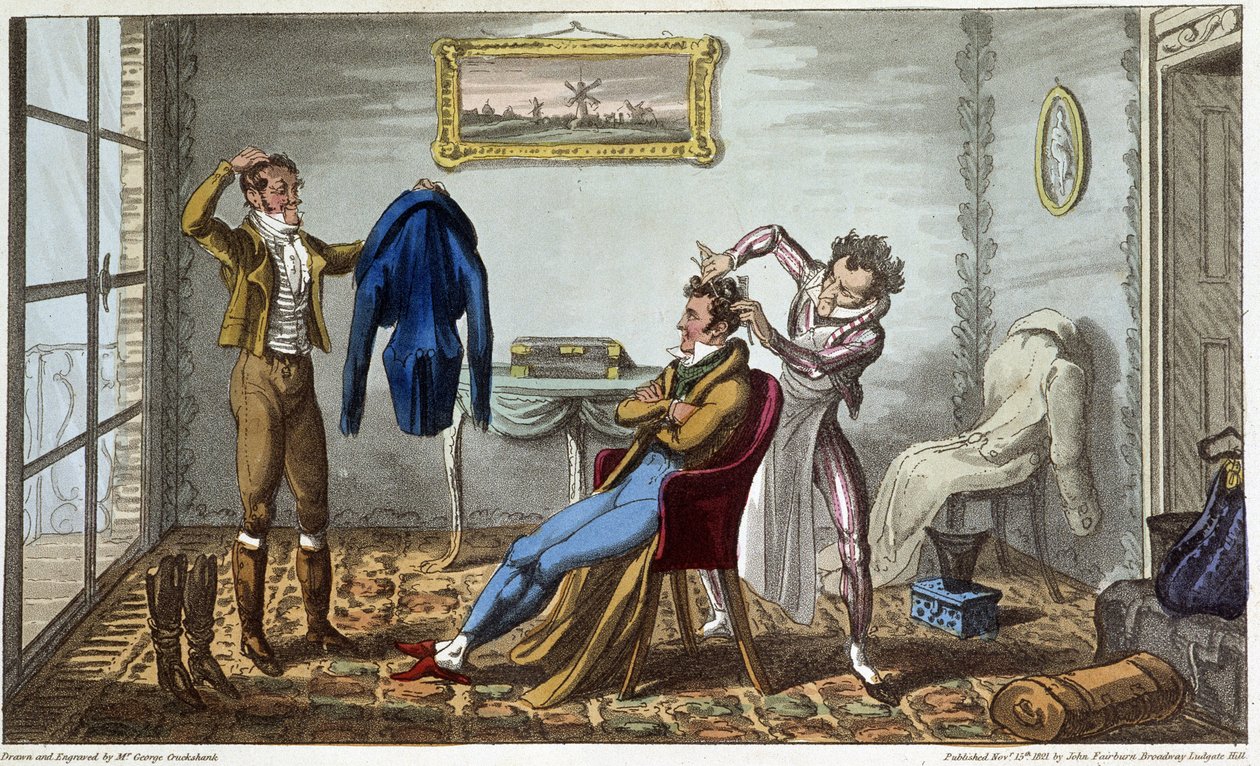 Tailleur et coiffeur à domicile - i "" Life in Paris"" av David Carey, ill. av George Cruikshank, red. Fairburn, London av George Cruikshank
