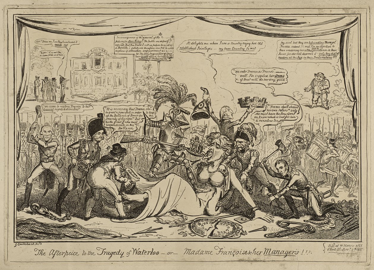 The Afterpiece (sic) to the Tragedy of Waterloo or Madame Francois and her Managers!!!, publicerad 9 november av George Cruikshank