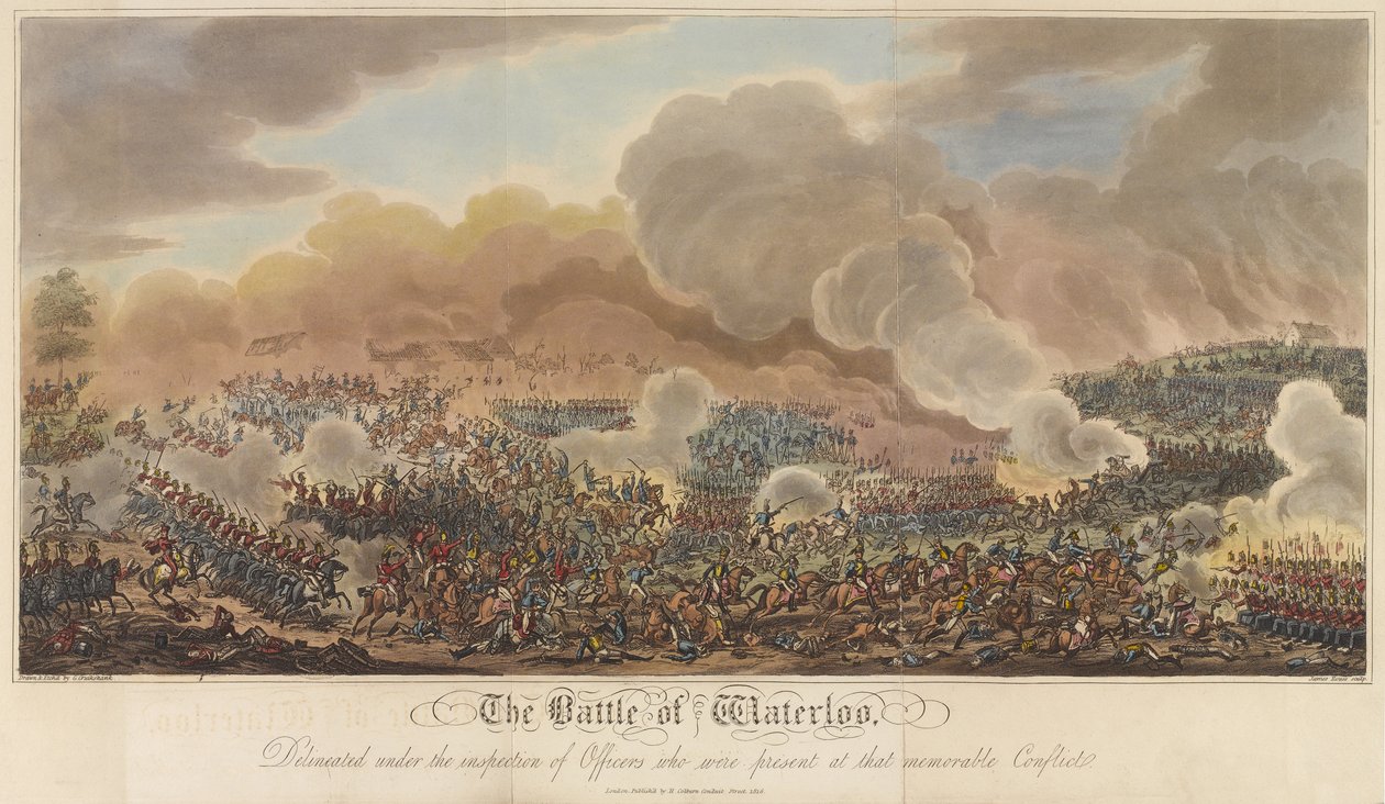 Slaget vid Waterloo, från "An Historical Account of the Battle of Waterloo", 1817 (färgad akvatint) av George Cruikshank