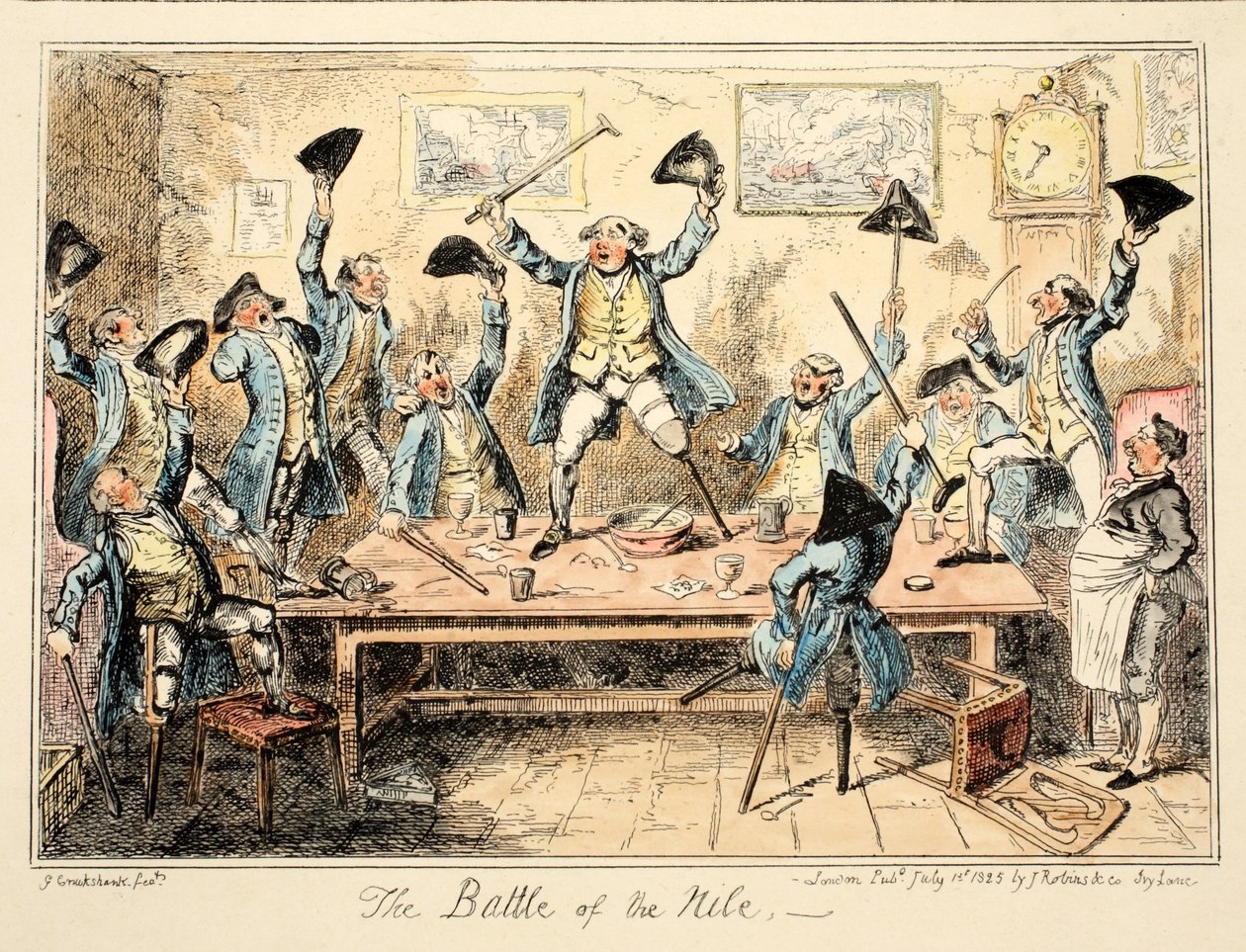 Slaget vid Nilen, från Greenwich Hospital, a Series of Naval Sketches, Descriptive of a Life of a Man-of-Wars Man, pub. 1826 (handkolorerat gravyr) av George Cruikshank