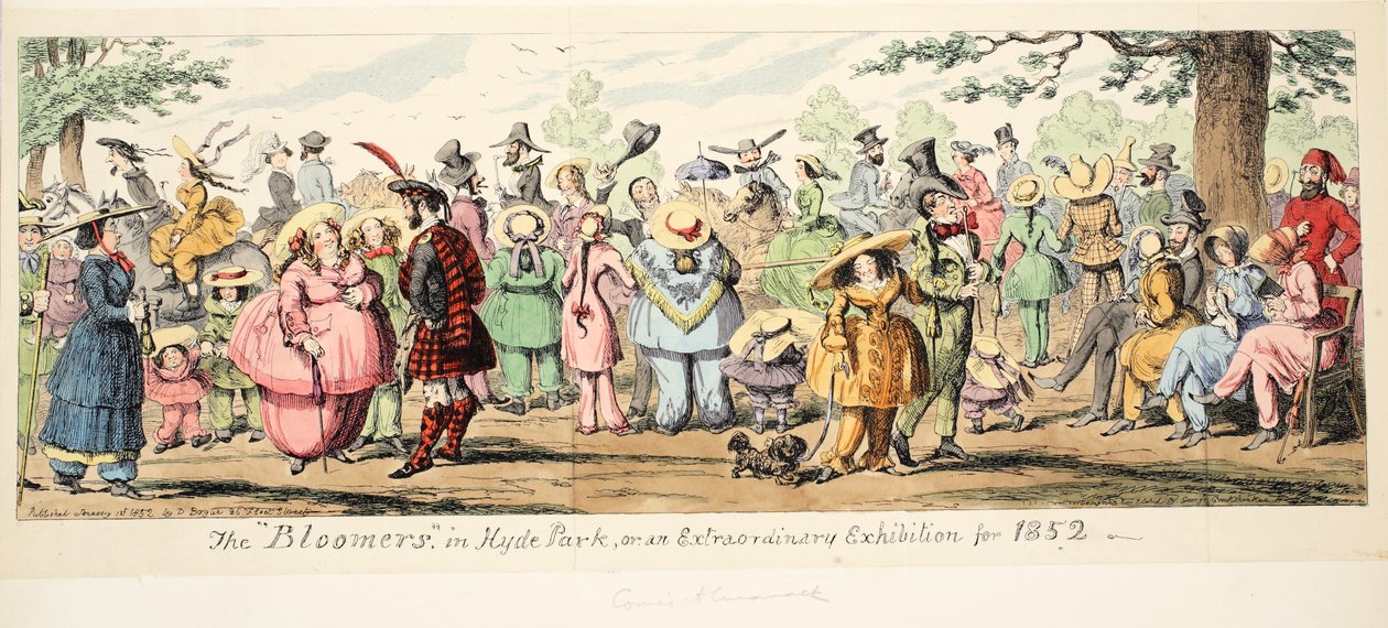 The Bloomers i Hyde Park eller en extraordinär utställning för 1852, pub. 1852 (handfärgad gravyr) av George Cruikshank