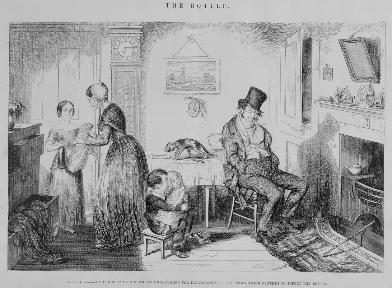 Flaskan, platta II, Han avskedas från sin anställning på grund av fylleri: de pantsätter sina kläder för att få tag på flaskan, 1847 av George Cruikshank