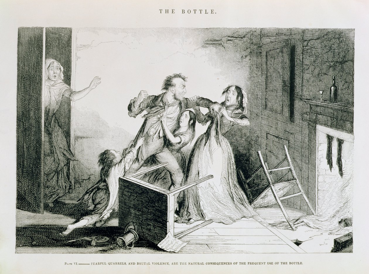 Flaskan, Tallrik VI, Rädsla gräl och brutalt våld är de naturliga konsekvenserna av frekvent användning av flaskan, 1847 av George Cruikshank