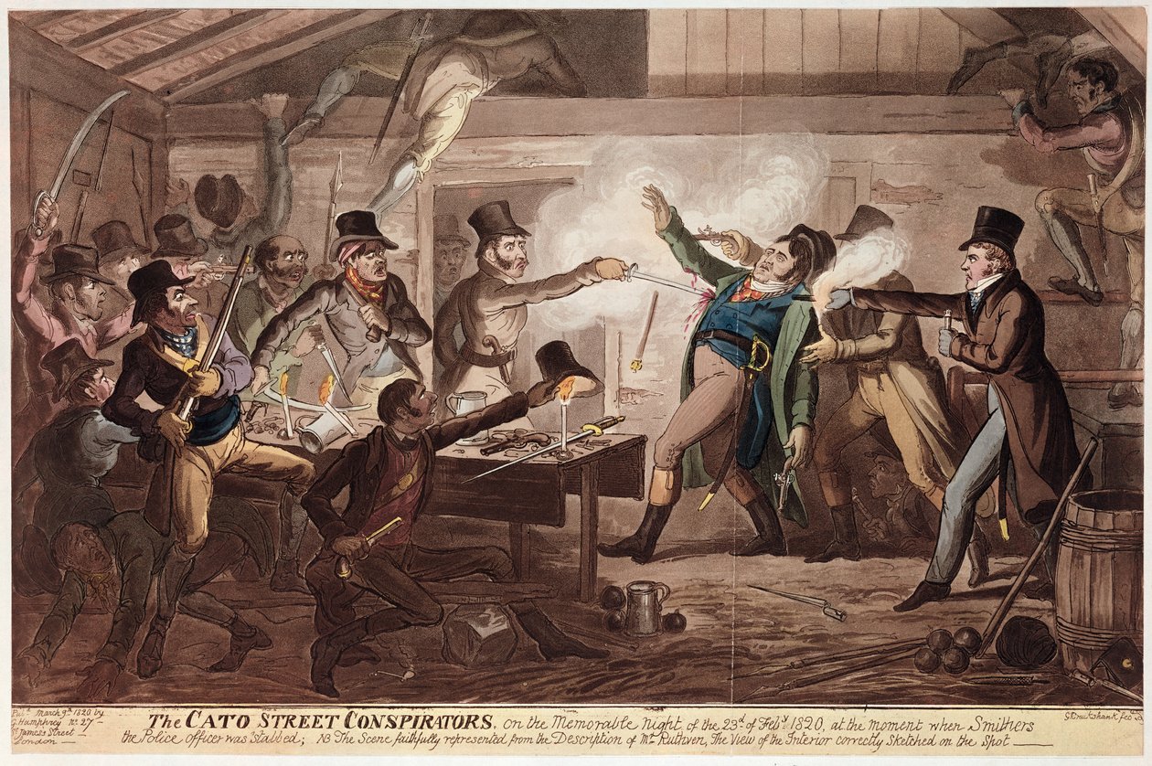 The Cato Street Conspirators, pub. av G. Humphrey, 9 mars 1820 (färgad litho) av George Cruikshank