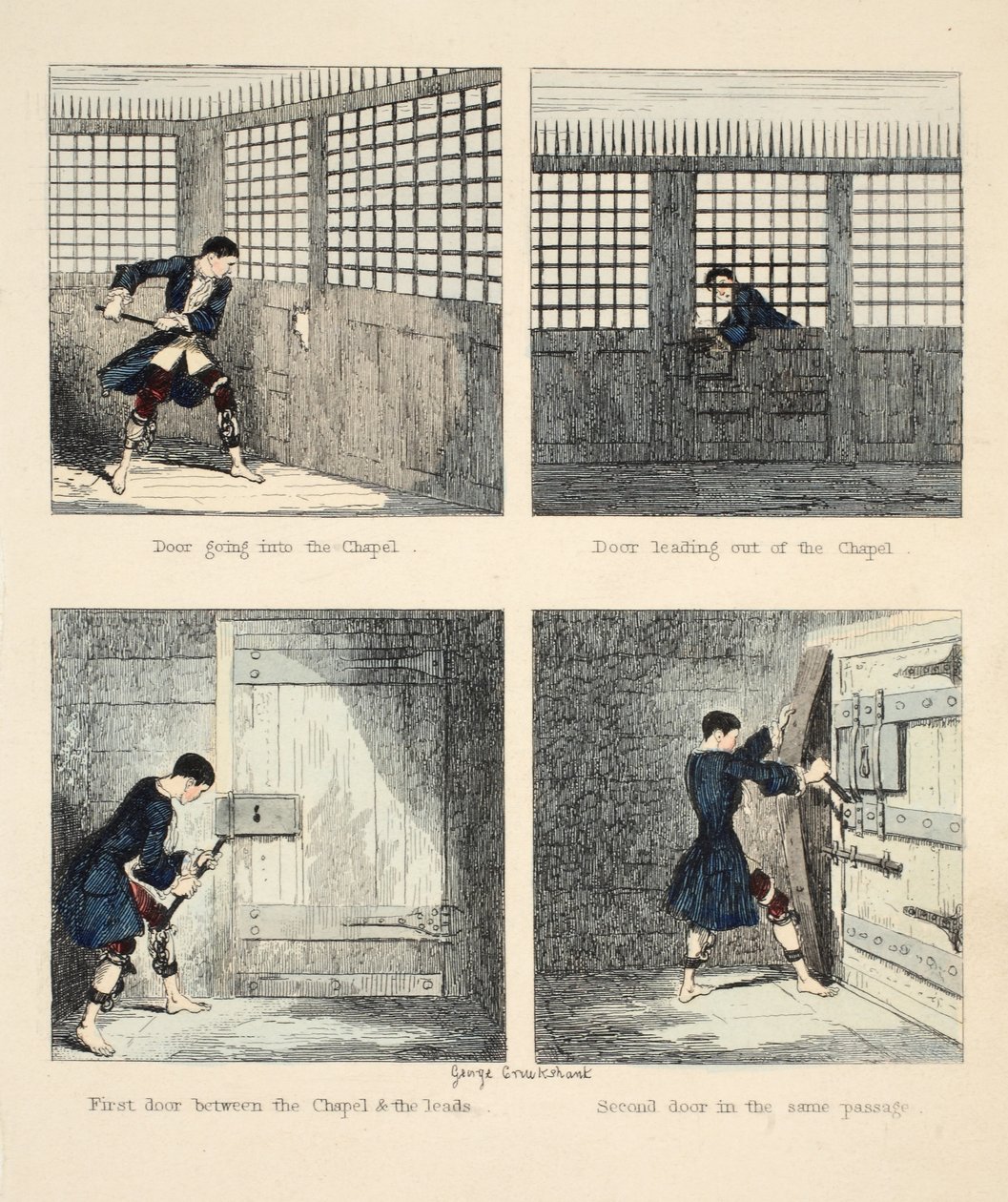 The Escape No. 2, illustration från Jack Sheppard: A Romance av William Harrison Ainsworth, pub. 1839 (handfärgad gravyr) av George Cruikshank