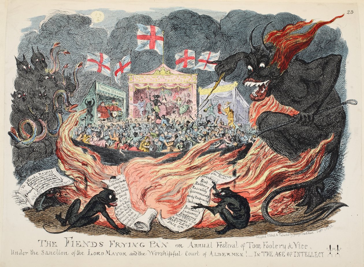 The Fiends Frying Pan eller Annual Festival of Tom Foolery & Vice, pub. 1832 (handfärgad gravyr) av George Cruikshank