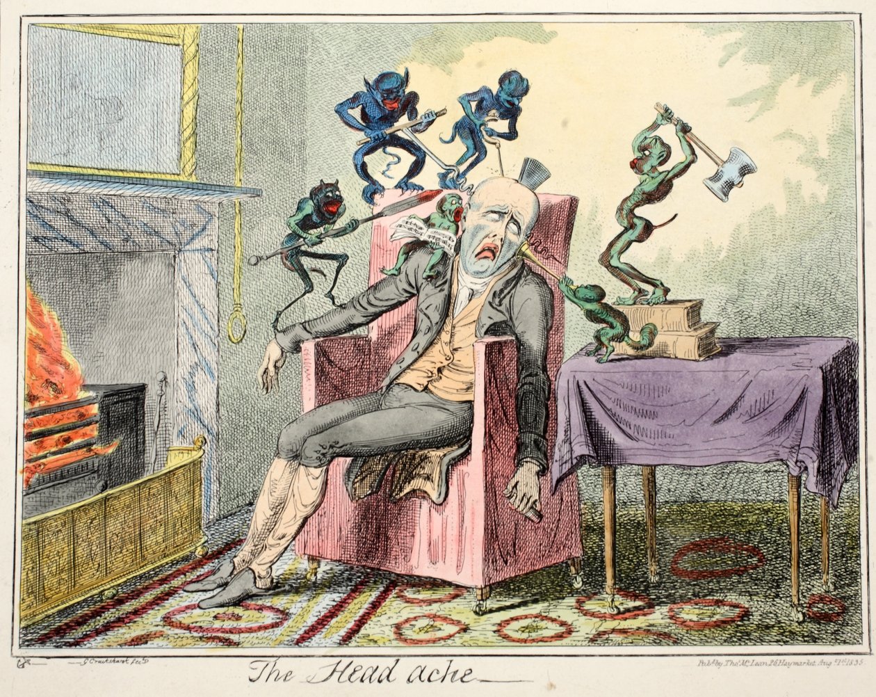 The Head Ache, pub. 1835 (handfärgad gravyr) av George Cruikshank