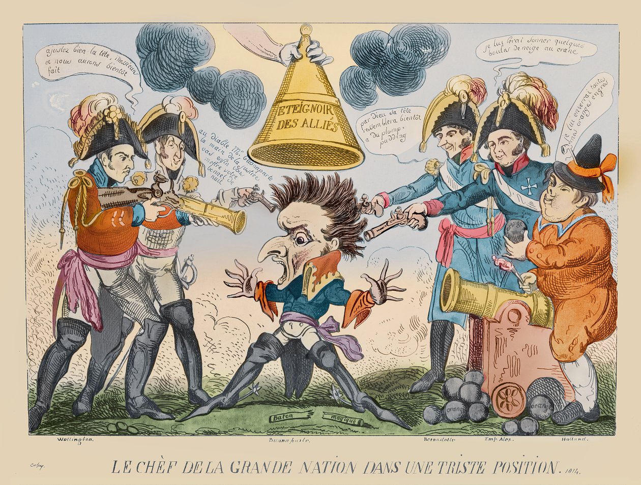 Den stora nationens huvud i en konstig situation, 1813 (handkolorerad etsning) av George Cruikshank