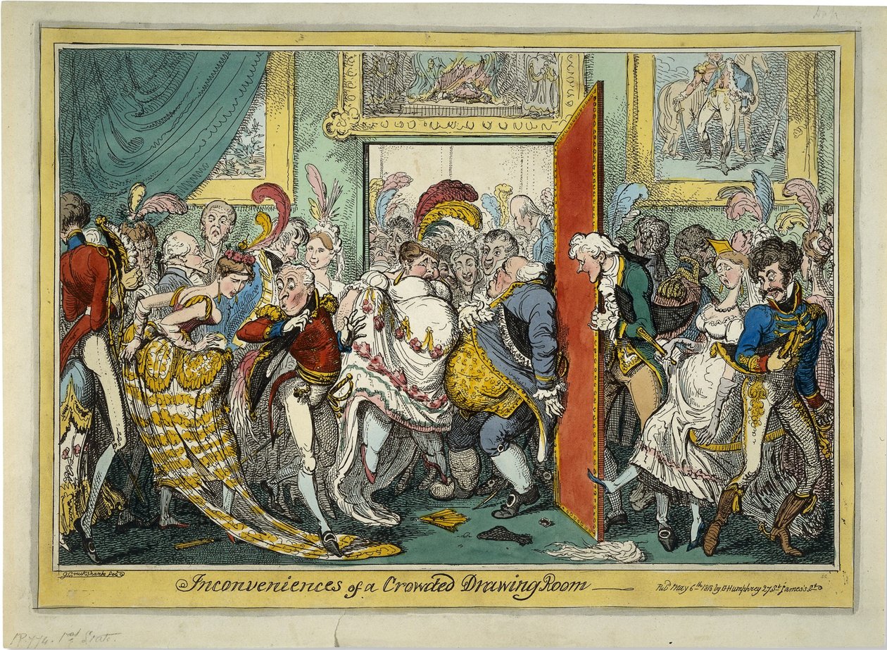 Besvären med en trång salongen, 1818 av George Cruikshank