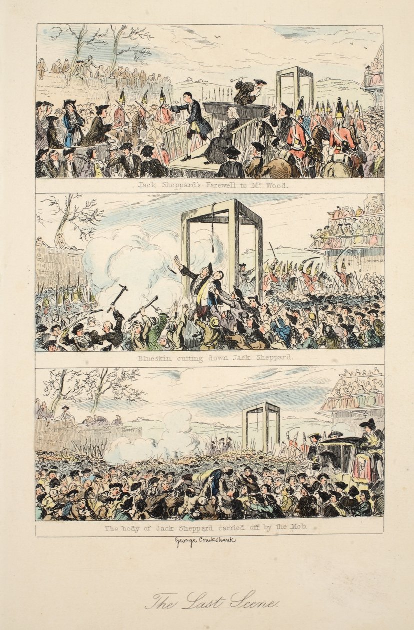 The Last Scene, illustration från "Jack Sheppard: A Romance" av William Harrison Ainsworth, publicerad 1839 (handfärgad etsning) av George Cruikshank