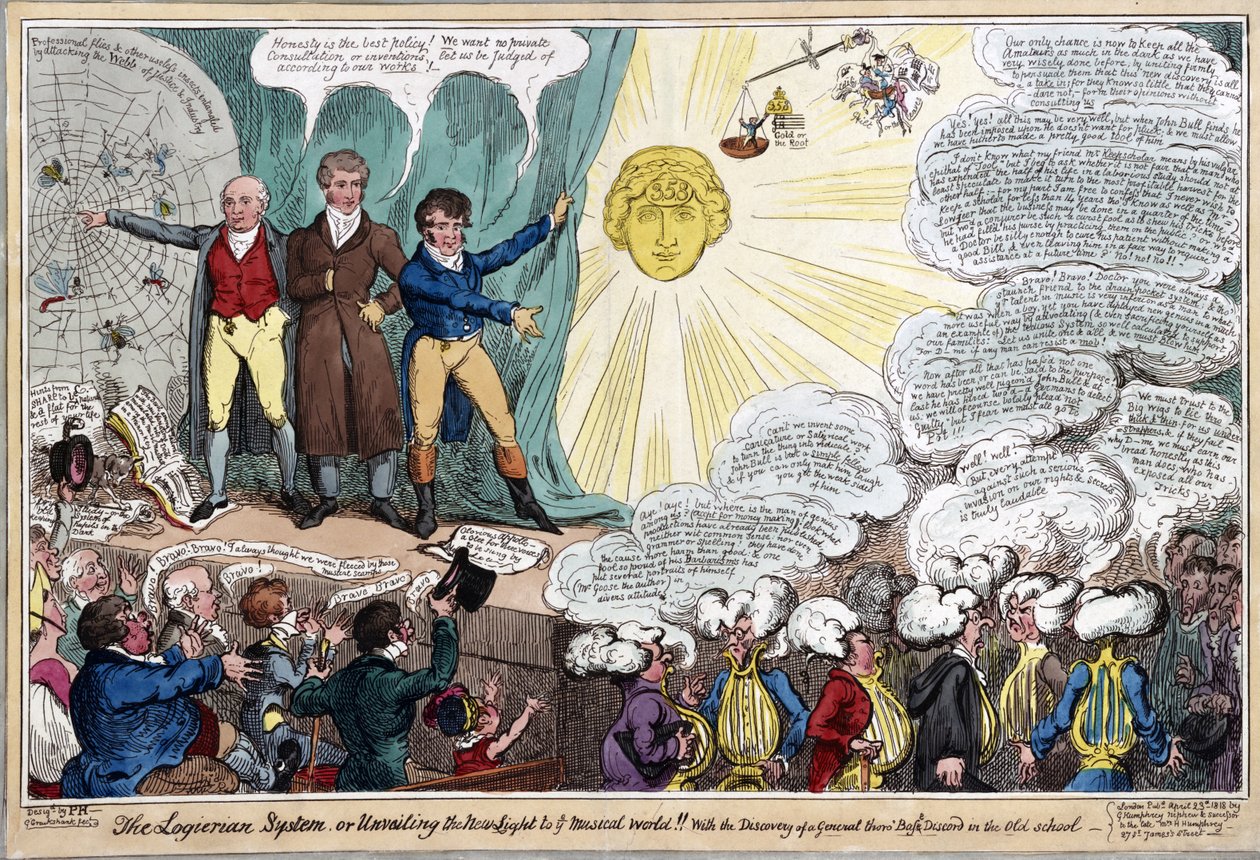 Det logiska systemet, eller avslöjande av det nya ljuset för er musikaliska värld!! Med upptäckten av en allmän thoro bas discord i den gamla skol-, puben. 1818 (handfärgad gravyr) av George Cruikshank