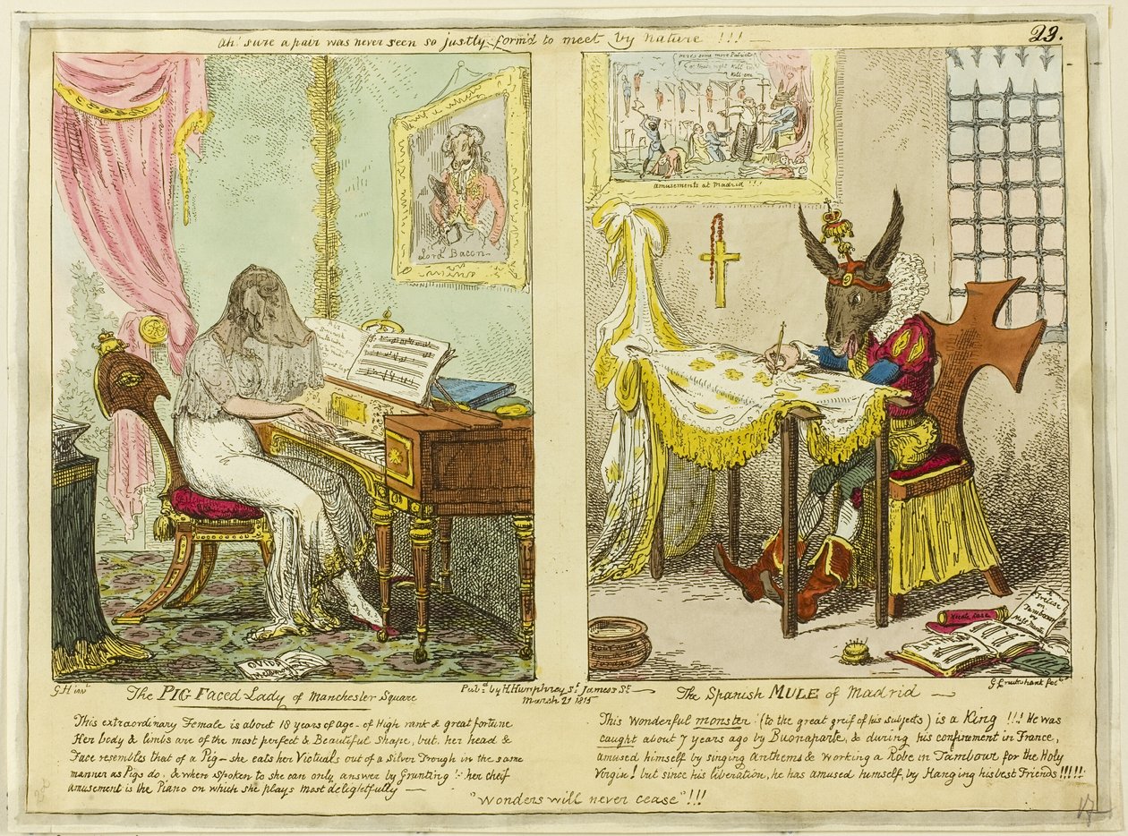 The Pig Faced Lady från Manchester Square och The Spanish Mule från Madrid av George Cruikshank