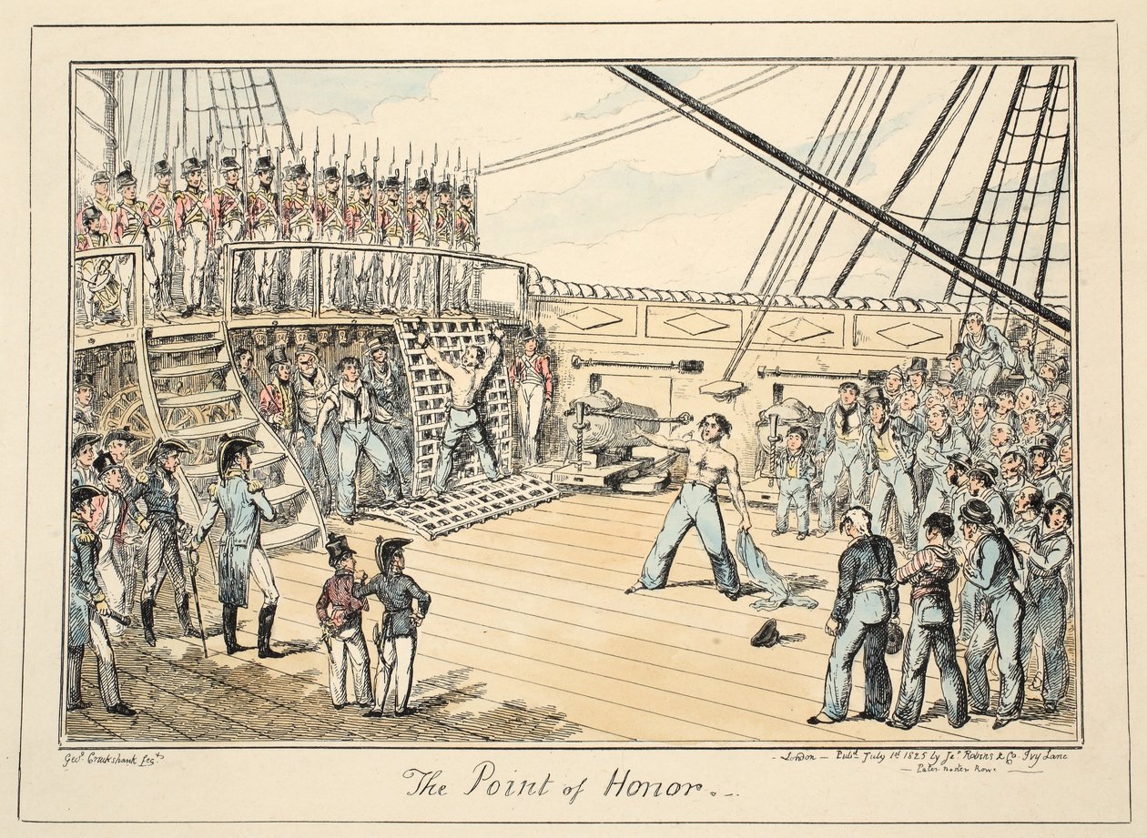 The Point of Honor, från Greenwich Hospital, en serie sjöskisser, beskrivande av ett liv som en man-of-wars man, pub. 1825 (handfärgad gravyr) av George Cruikshank