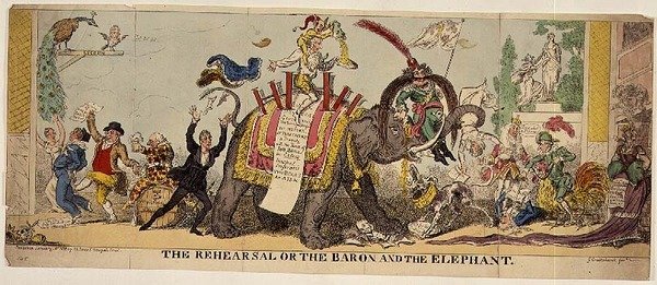 The Repetition or the Baron and the Elephant, satirtryck på Kembles utarbetade produktioner på Covent Garden Theatre med djur av George Cruikshank