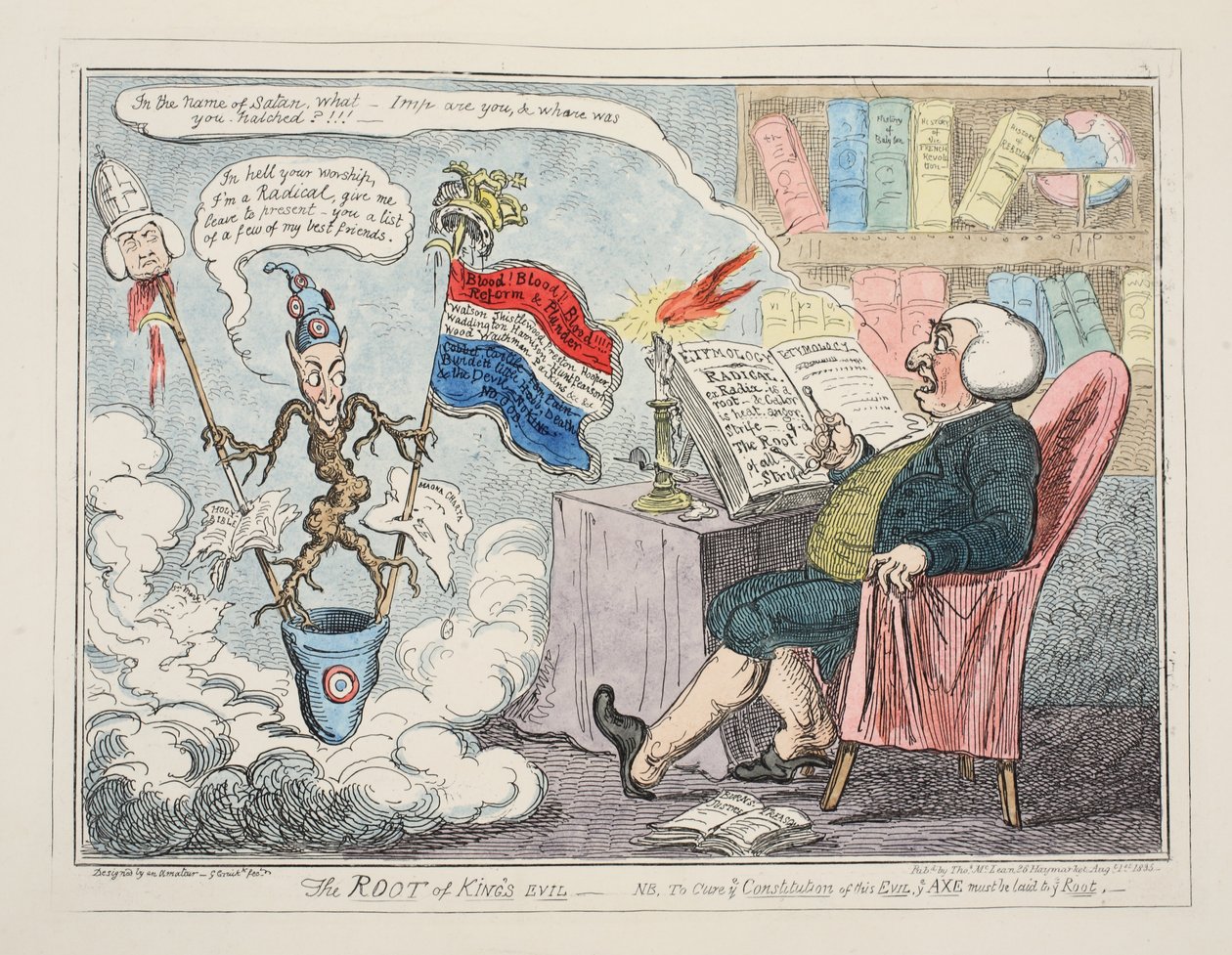 The Root of Kings Evil, pub. 1835 (handfärgad gravyr) av George Cruikshank