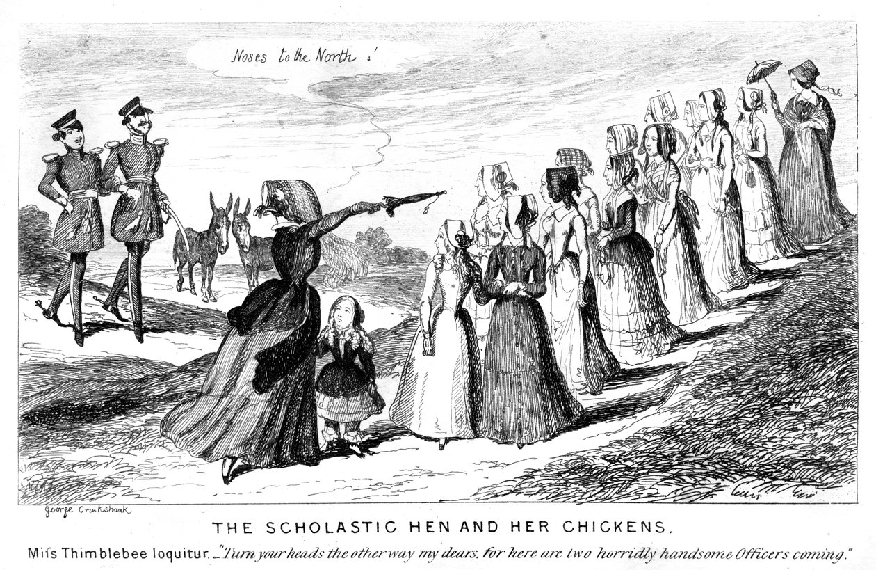 Den skolatiska hönan och hennes kycklingar, 1800-talet. av George Cruikshank