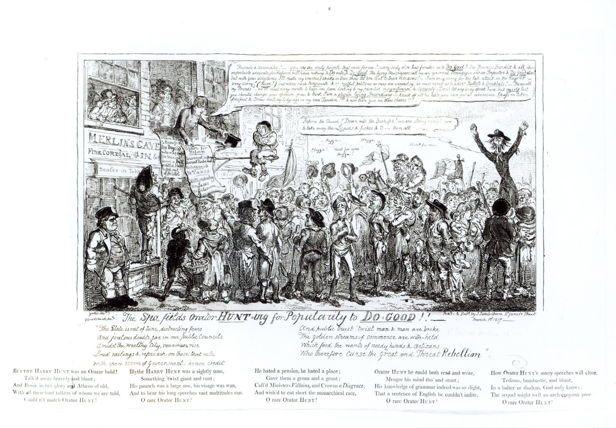 Spa Fields Orator Jagar efter popularitet för att göra-bra!!, pub. av J. Sidebotham, 1817 av George Cruikshank