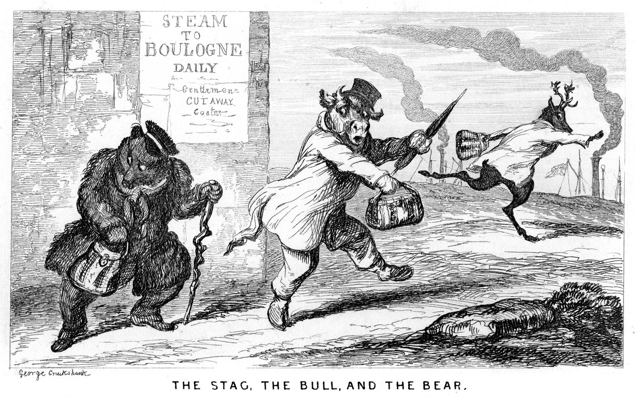 Hjorten, tjuren och björnen, 1800-talet. av George Cruikshank