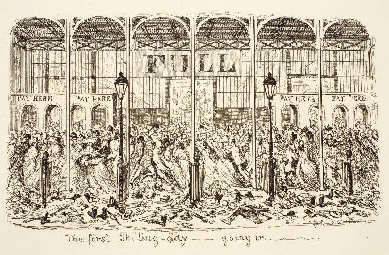 Första Shilling-dagen - Gå in, pub. 1851 (gravyr) av George Cruikshank