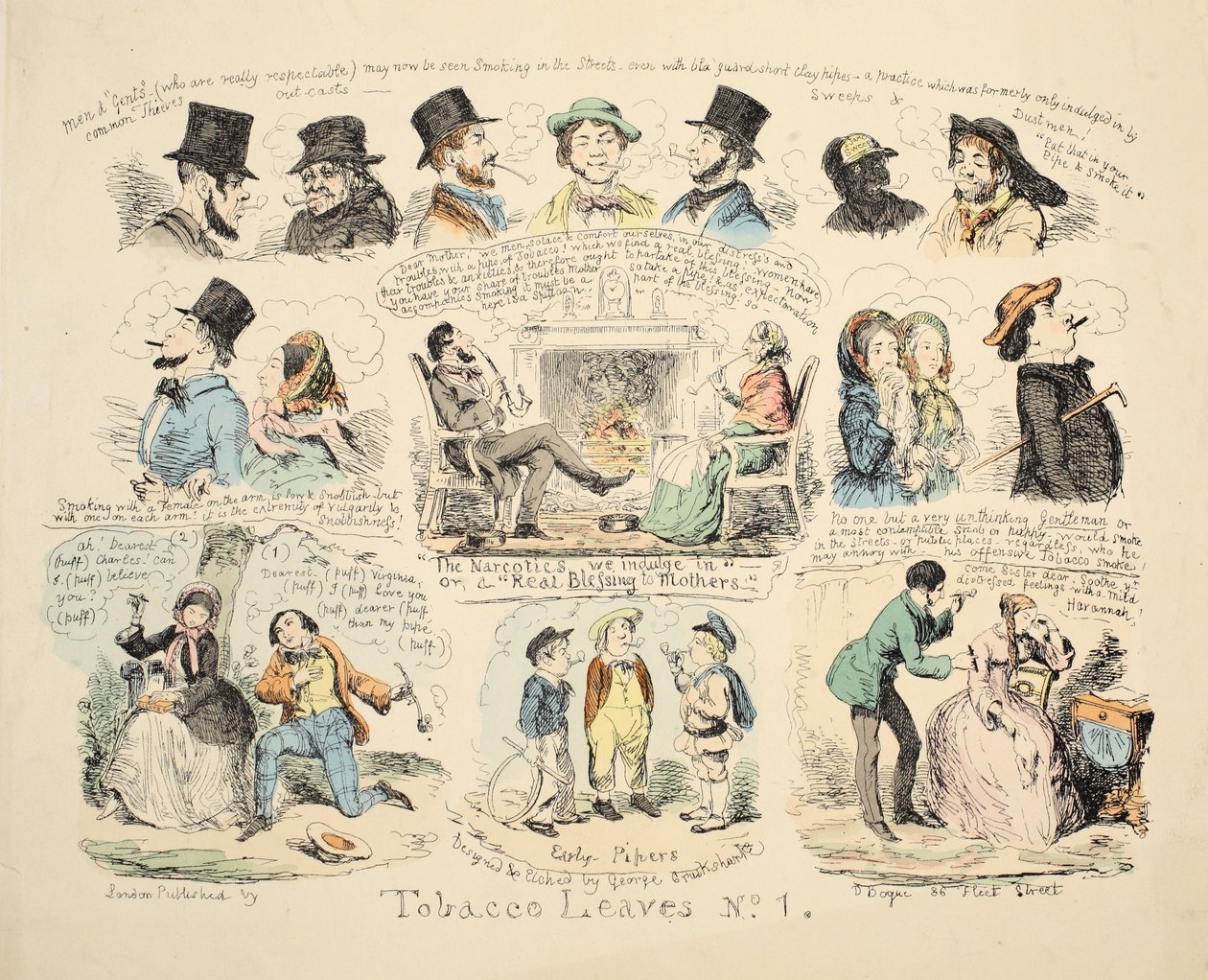 Tobaksblad nr 1, pub. 1851 (handfärgad gravyr) av George Cruikshank