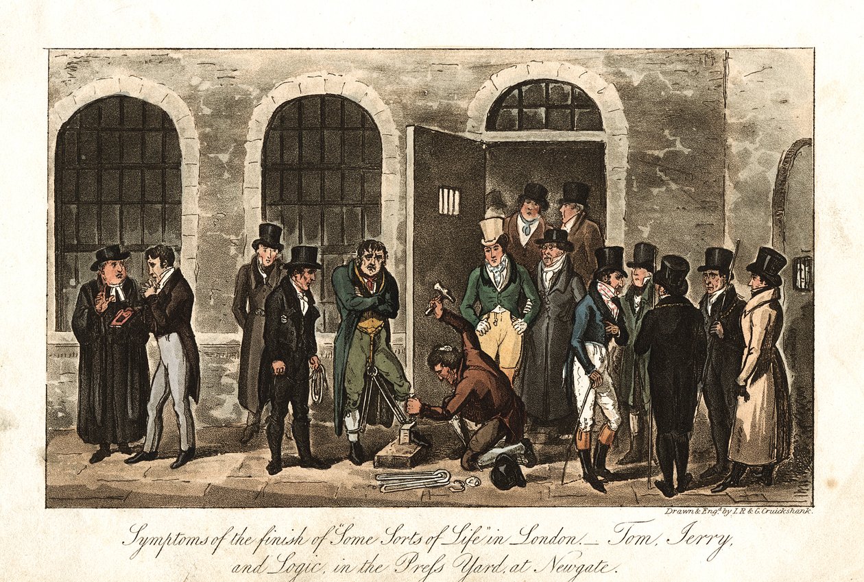 Tom, Jerry och Logic in the Press Yard, Newgate-fängelset, London, 1821 av George Cruikshank