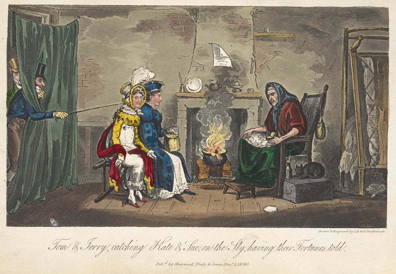 Tom & Jerry fångar Kate & Sue i smyg, med sina förmögenheter berättade, "Life in London, etc.", av Pierce Egan av George Cruikshank