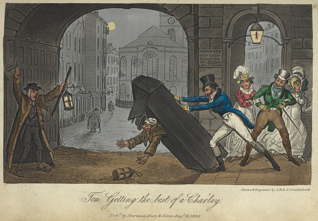 "Tom får det bästa av en Charlie". Spelar ett skämt om en nattvakt, "Life in London, etc.", av Pierce Egan av George Cruikshank