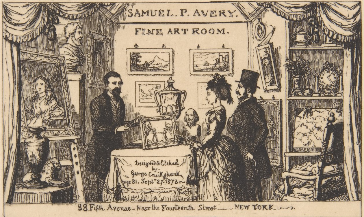 Byteskort för Samuel P. Avery--Fine Art Room, 1873., 1873. av George Cruikshank