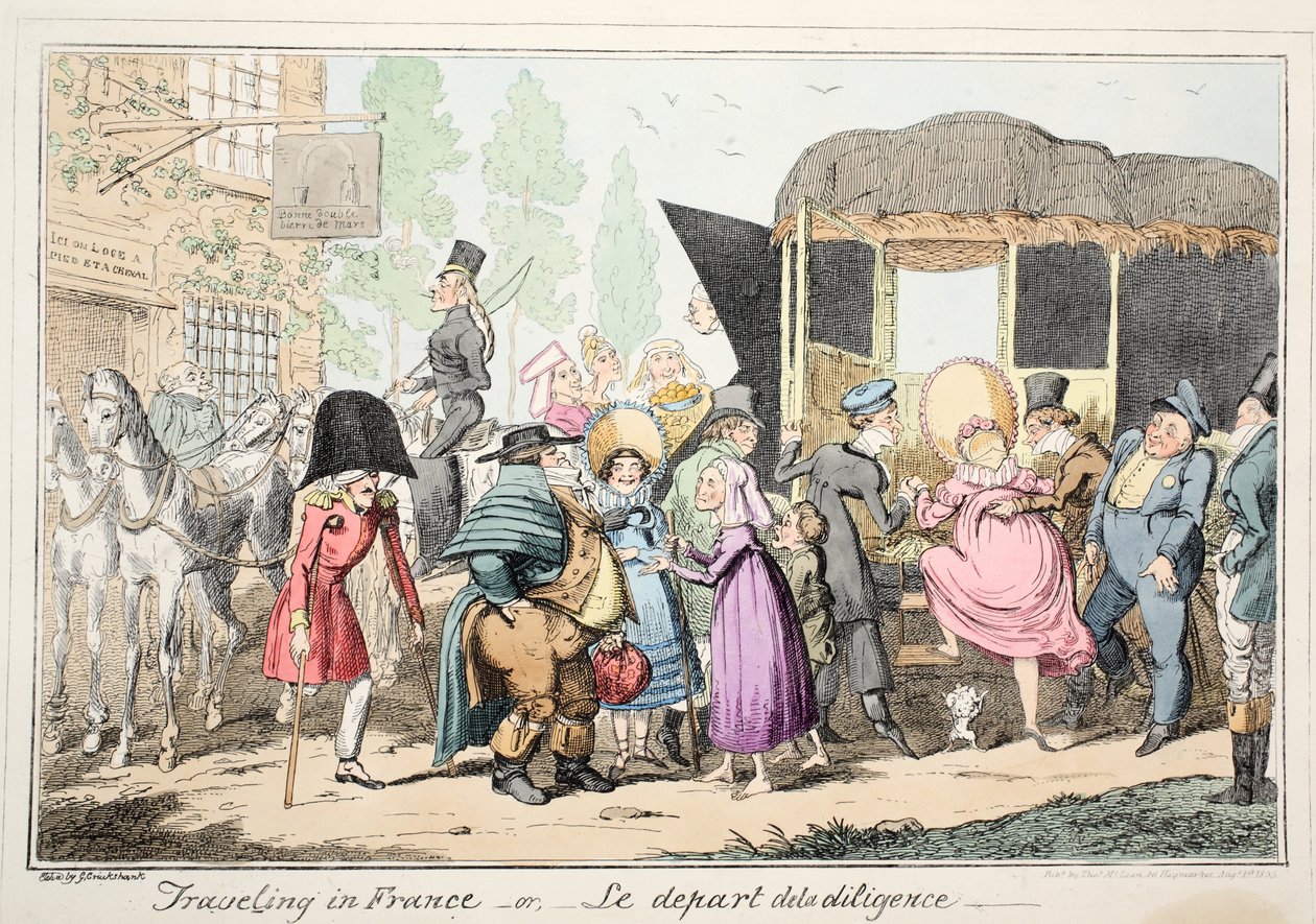 Resa i Frankrike eller Le Depart de la Diligence, pub. 1835 (handfärgad etsning) av George Cruikshank