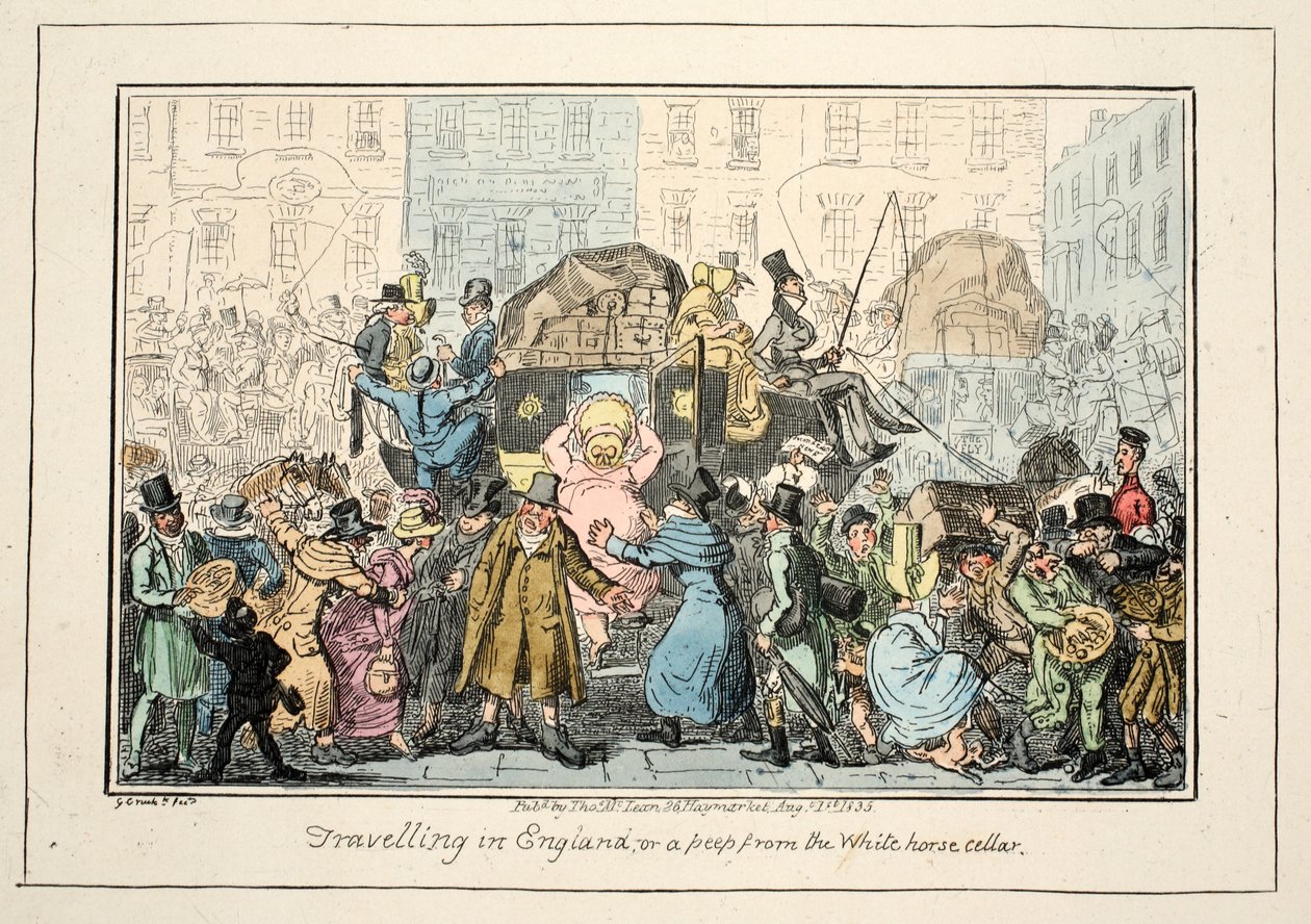 Att resa i England – eller en titt från White Horse Cellar, pub. 1835 (handfärgad gravyr) av George Cruikshank