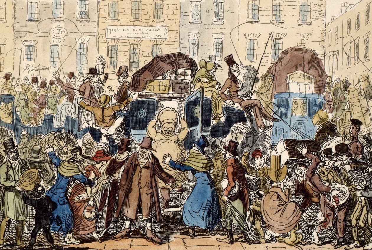 Att resa i England, eller en titt från White Horse Cellar, 1819 (handfärgad etsning) av George Cruikshank