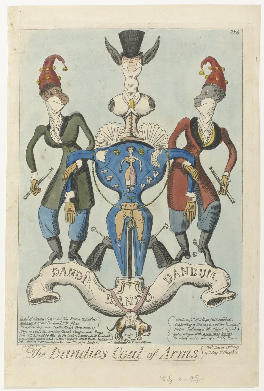Två klädda apor håller i ett mannekängformat vapen The Dandies Coat of Arms (titel på objekt) av George Cruikshank