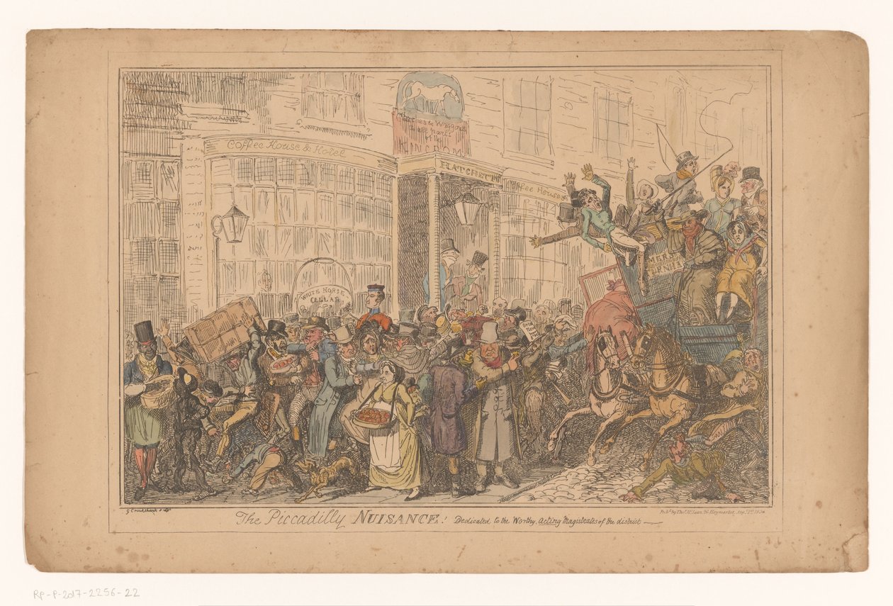 Verkehrschaos utanför hotellet Old White Horse Cellar i Piccadilly Piccadilly Nuisance! Tillägnad de värdiga, tillförordnade domarna i distriktet (titel på objekt) av George Cruikshank