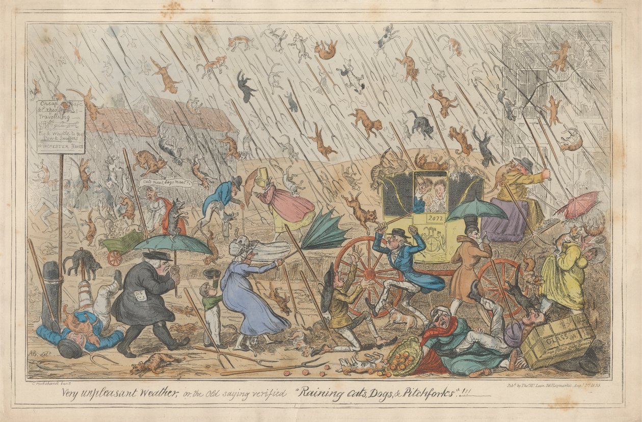 Mycket obehagligt väder, eller, det gamla ordspråket Verified "Regnande katter, hundar och högafflar."!!! av George Cruikshank