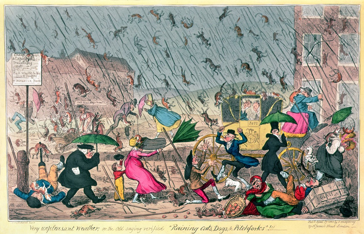 Mycket obehagligt väder, eller det gamla ordspråket verifierade Regnande katter, hundar och högafflar!, pub. av G. Humphrey, 1820 av George Cruikshank