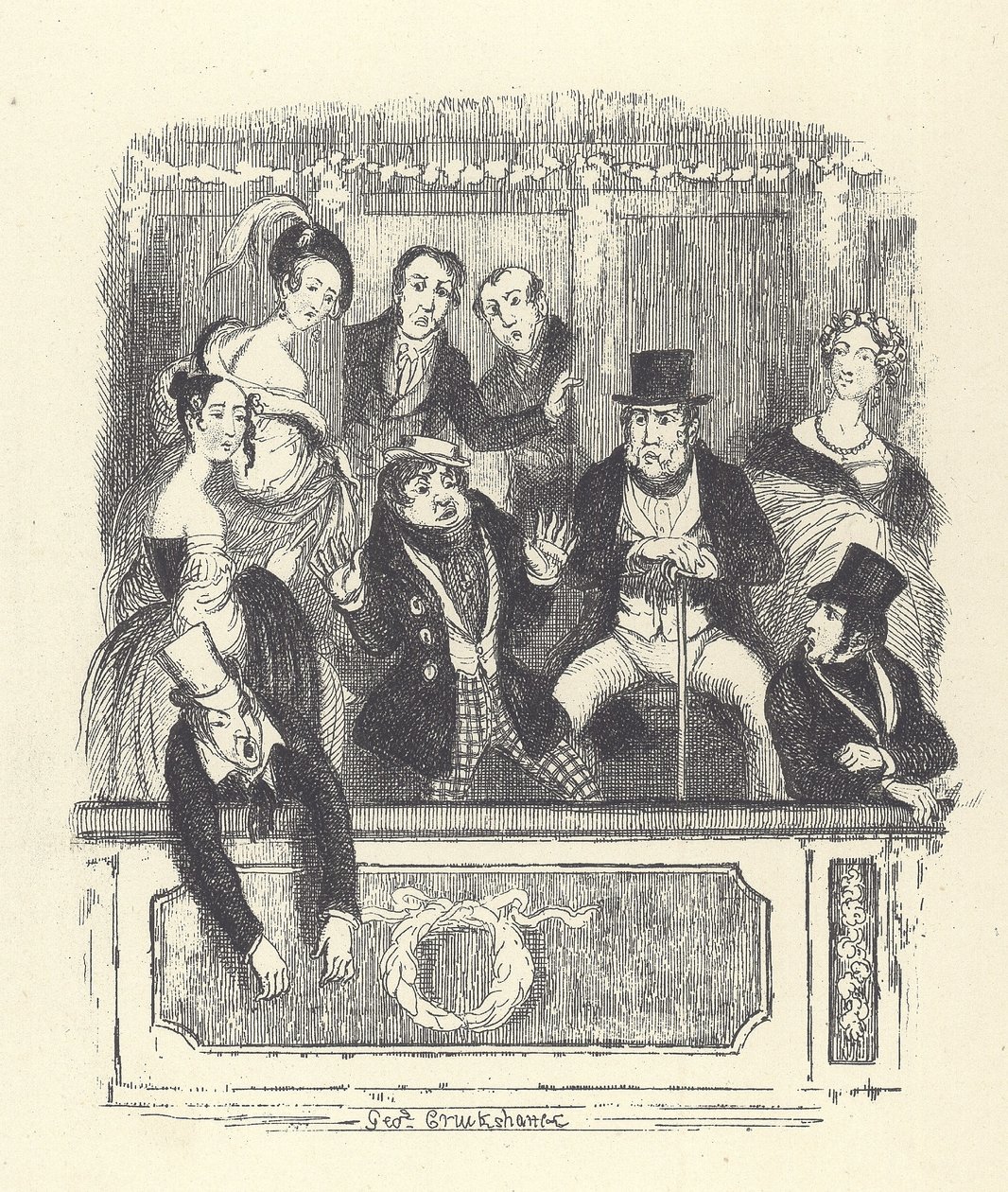 Viktorianska teaterbesökare trängs i en låda på en teater i London (gravyr) av George Cruikshank