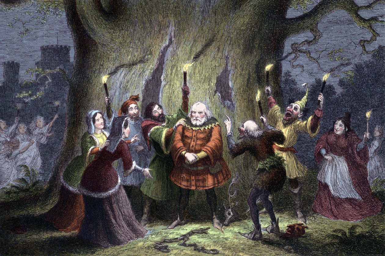 William Shakespeare The Merry Wives of Windsor, pjäs som spelades första gången 1597 eller 1600. Falstaff, efter att ha behållit sitt förmodade uppdrag med i Windsor Forest Mistress Ford som Herne the Hunter och blivit klämd och slagen av "feer" säger "Jag av George Cruikshank