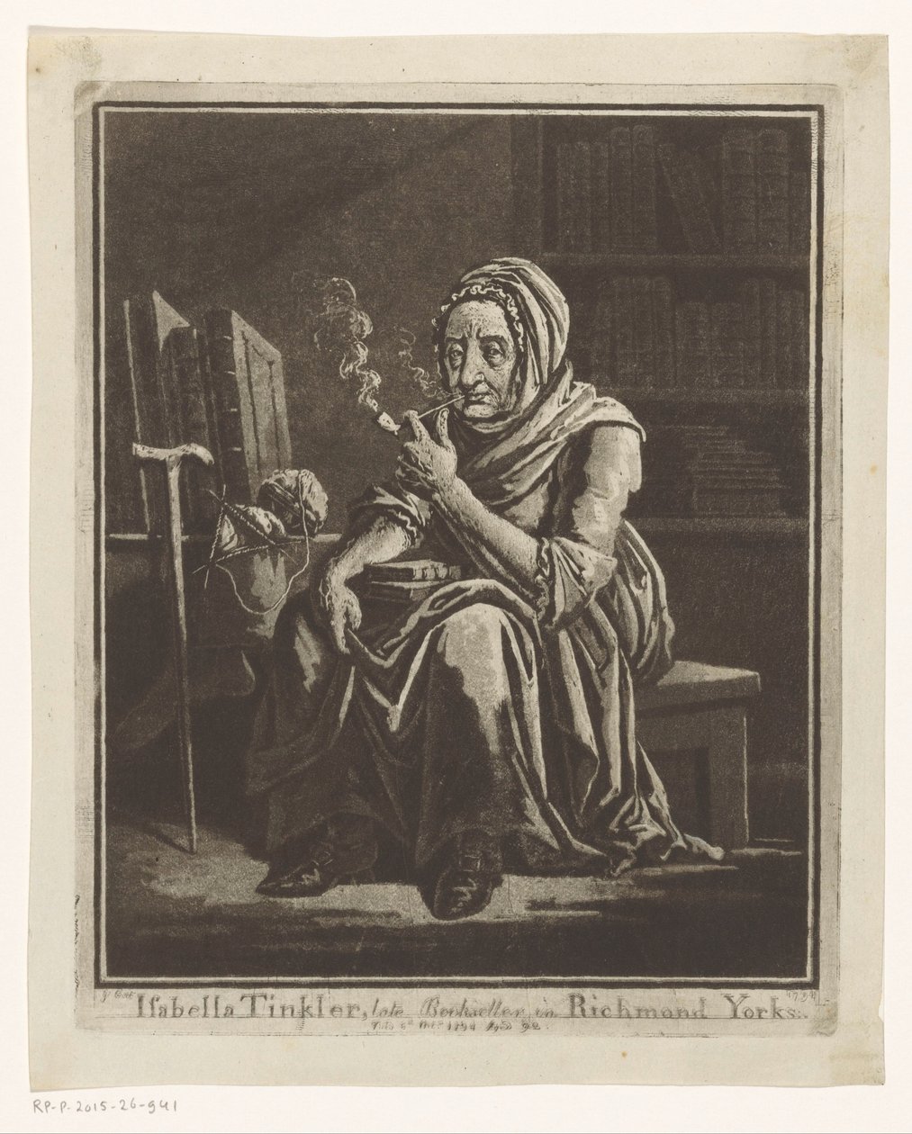 Porträtt av bokförsäljaren Isabella Tinkler i Richmond vid 92 års ålder Isabella Tinkler, sen bokhandlare, i Richmond Yorks (titel på objekt) av George Cuitt (I)