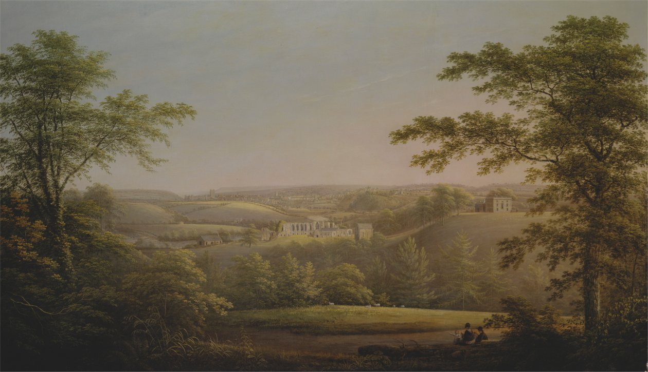 Easby Hall och Easby Abbey med Richmond, Yorkshire i bakgrunden av George Cuitt