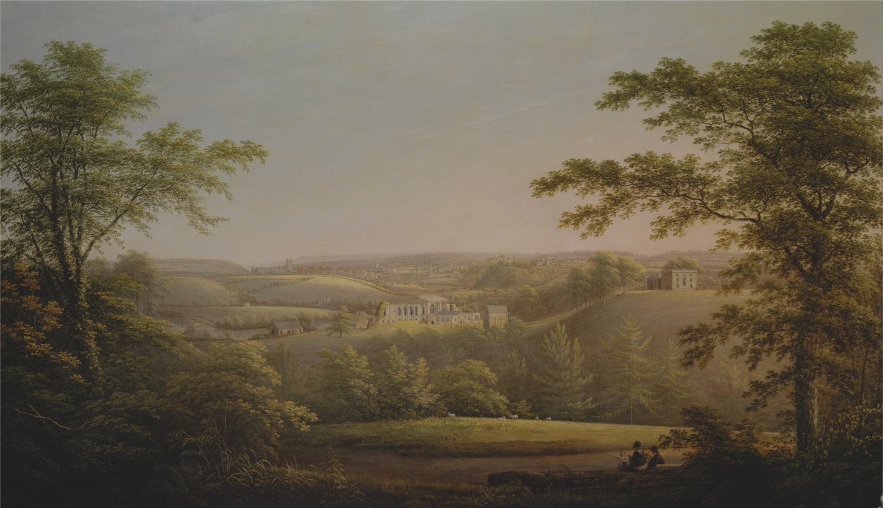 Easby Hall och Easby Abbey med Richmond, Yorkshire i bakgrunden av George Cuitt