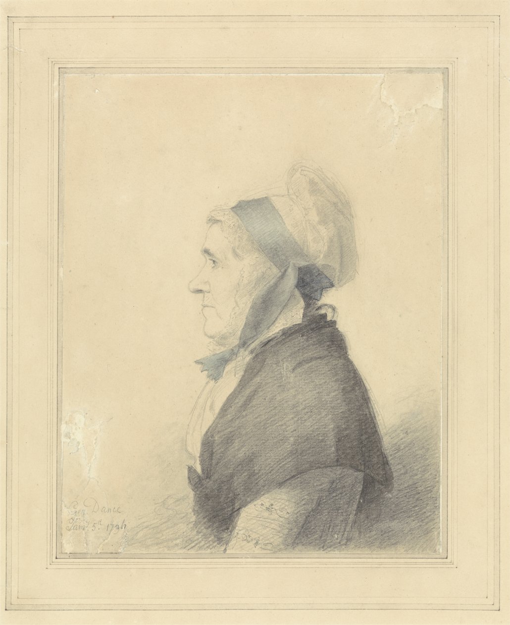 Porträtt av en äldre dam, 1796 (grafit, bläck och wc på papper) av George Dance