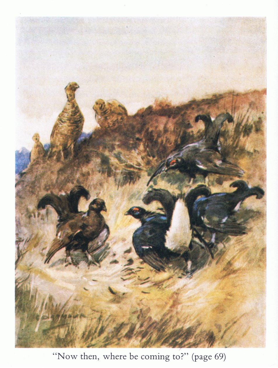 "Nu då, vart kommer du?" (färg litho) av George Denholm Armour