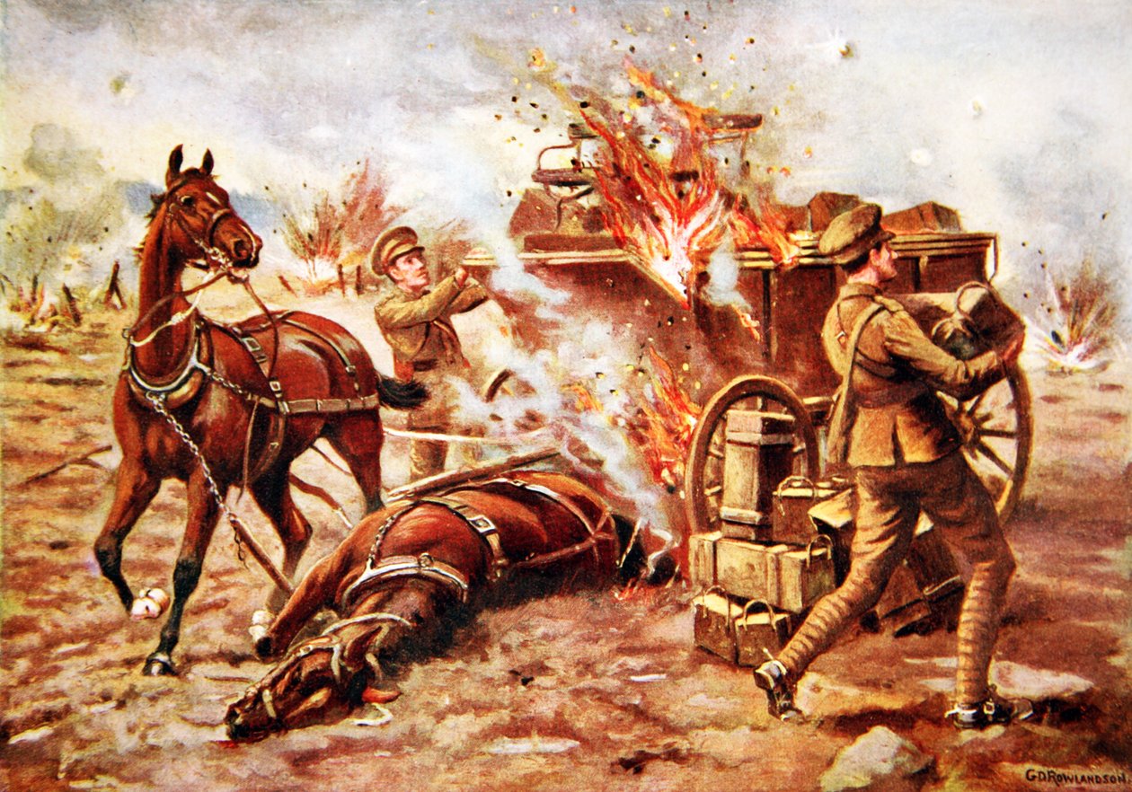 Tillförordnad-Bombardier H.A. Creasey hjälper till att lossa en brinnande ammunitionsvagn under mycket kraftig granateld av George Derville Rowlandson