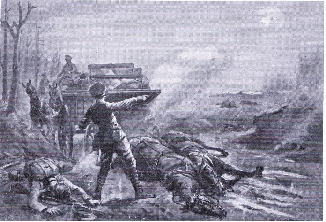 Korpral Ashworth omorganiserar sin transportkolonn under kraftig eld (tilldelad DCM) av George Derville Rowlandson
